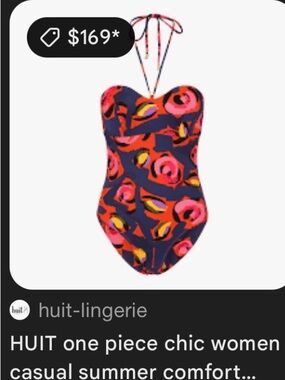 HUIT Floral Halter One-Piece Swimsuit — Navy with Pink & Orange Floral Print